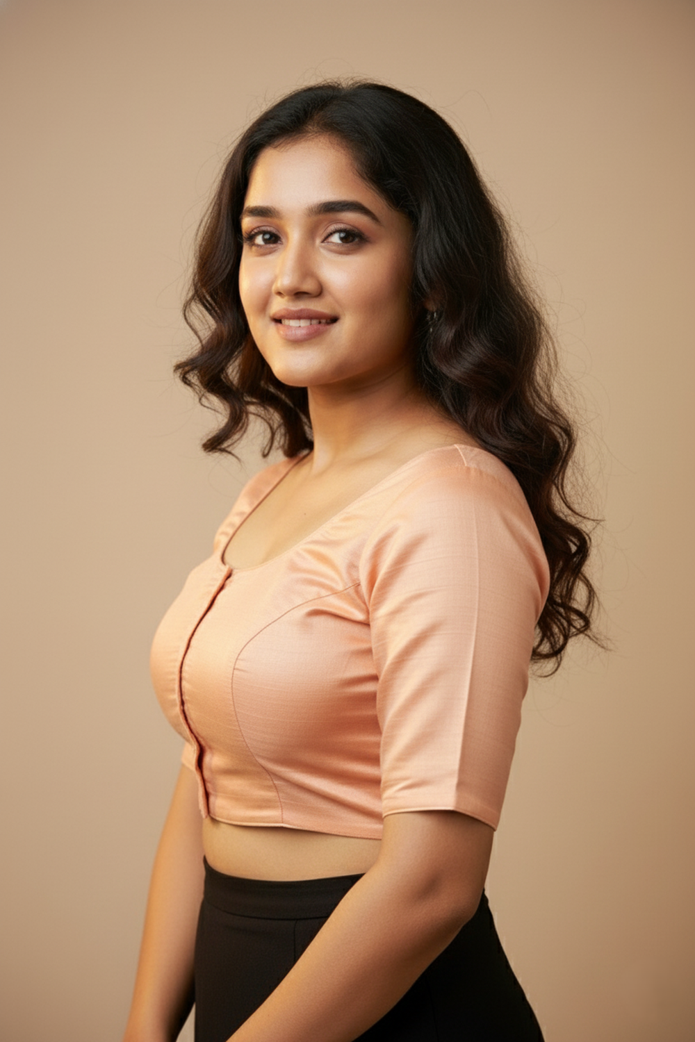 Women's Blouse Silk Blend Padded Front Open Round Neck Princess Cut Elbow Sleeve Shimmer Saree Blouse - Peach - 1633