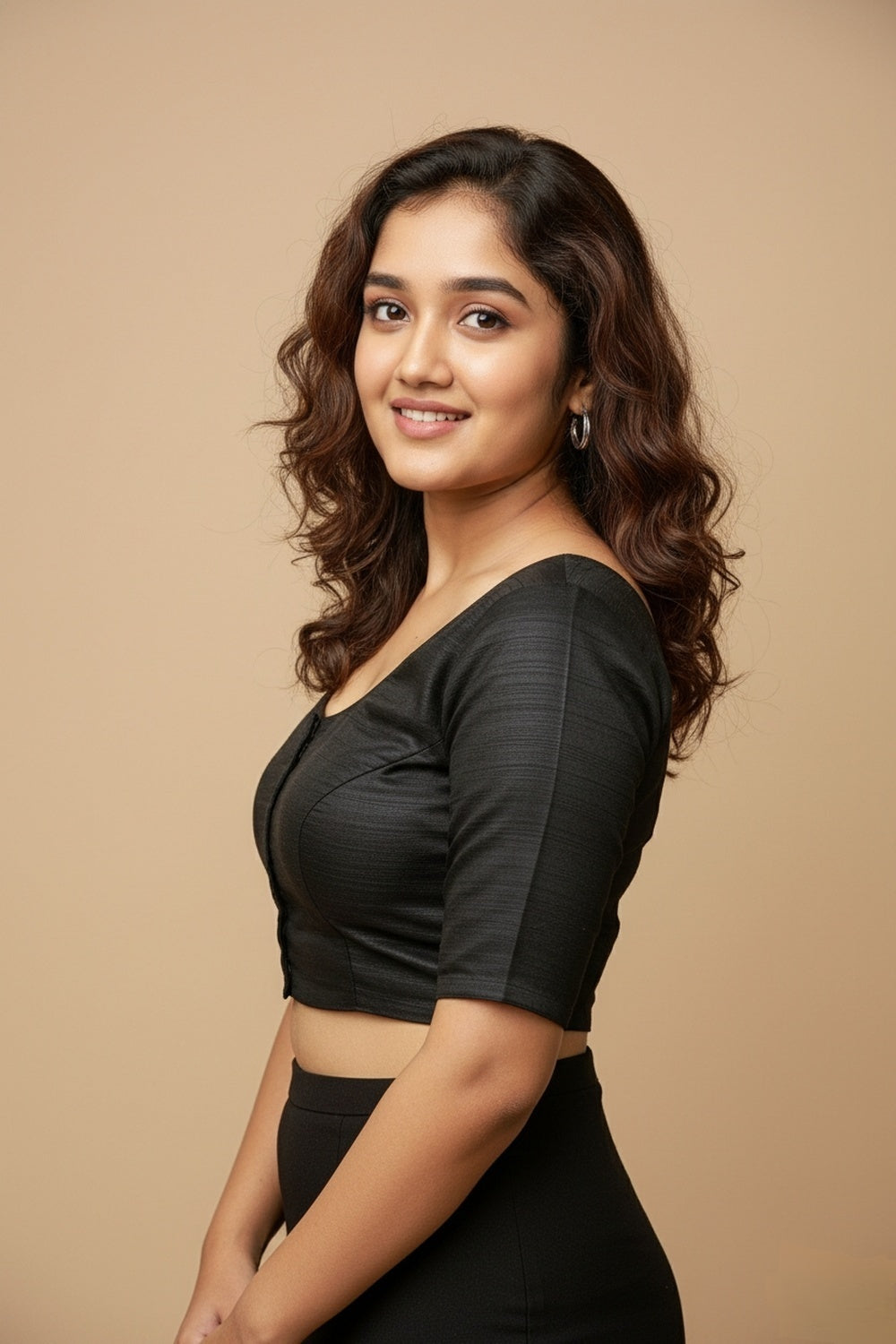 Women's Blouse Silk Blend Padded Front Open Round Neck Princess Cut Elbow Sleeve Solid Saree Blouse with Round Back - Black - 4050