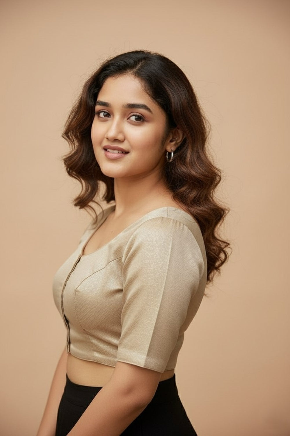 Women's Blouse Silk Blend Padded Front Open Round Neck Princess Cut Elbow Sleeve Shimmer Saree Blouse - Gold - 1633