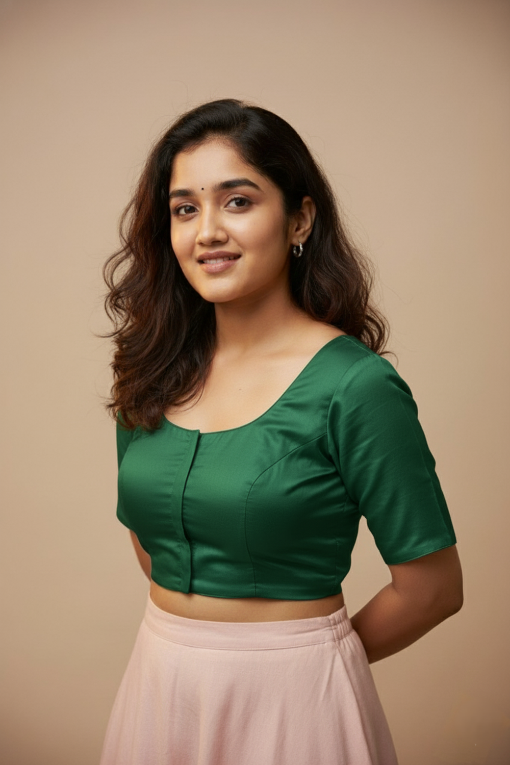 Women's Blouse Silk Blend Padded Front Open Round Neck Princess Cut Elbow Sleeve Solid Saree Blouse with Round Back - Green - 4050