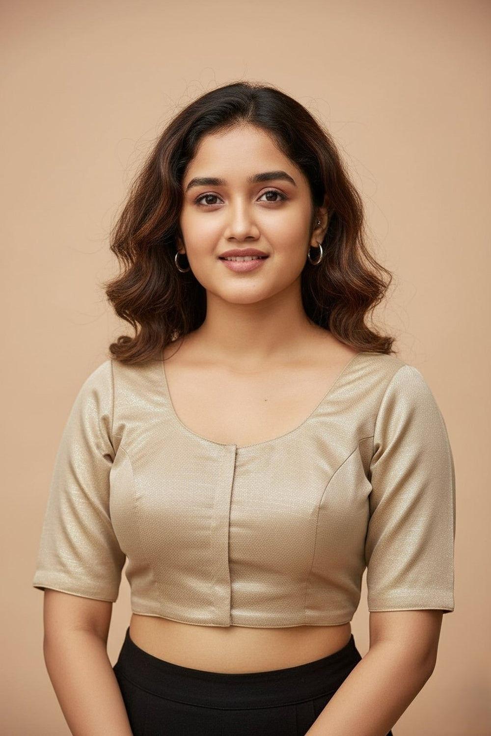 Women's Blouse Silk Blend Padded Front Open Round Neck Princess Cut Elbow Sleeve Shimmer Saree Blouse - Gold - 1633