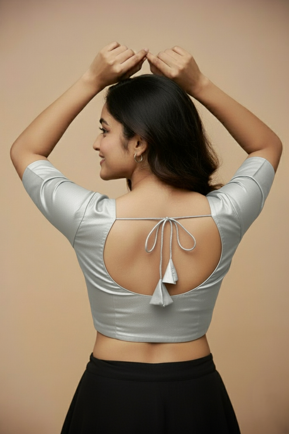 Women's Blouse Silk Blend Padded Front Open Round Neck Princess Cut Elbow Sleeve Shimmer Saree Blouse - Grey - 1633