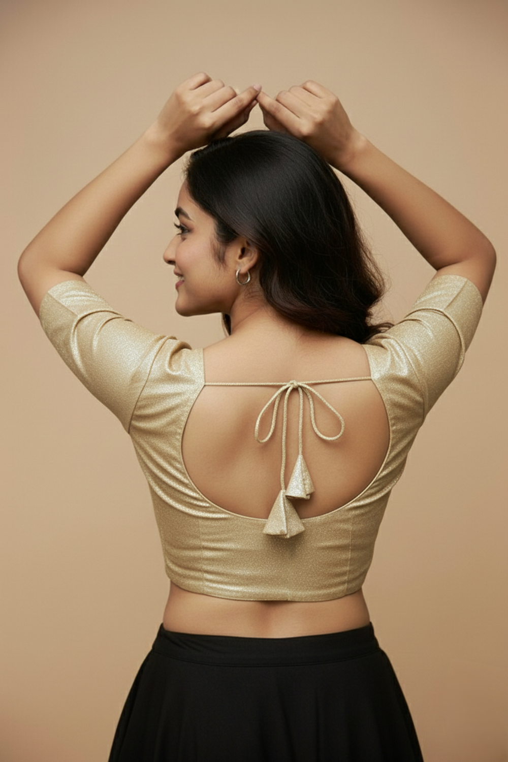 Women's Blouse Silk Blend Padded Front Open Round Neck Princess Cut Elbow Sleeve Shimmer Saree Blouse - Gold - 1633