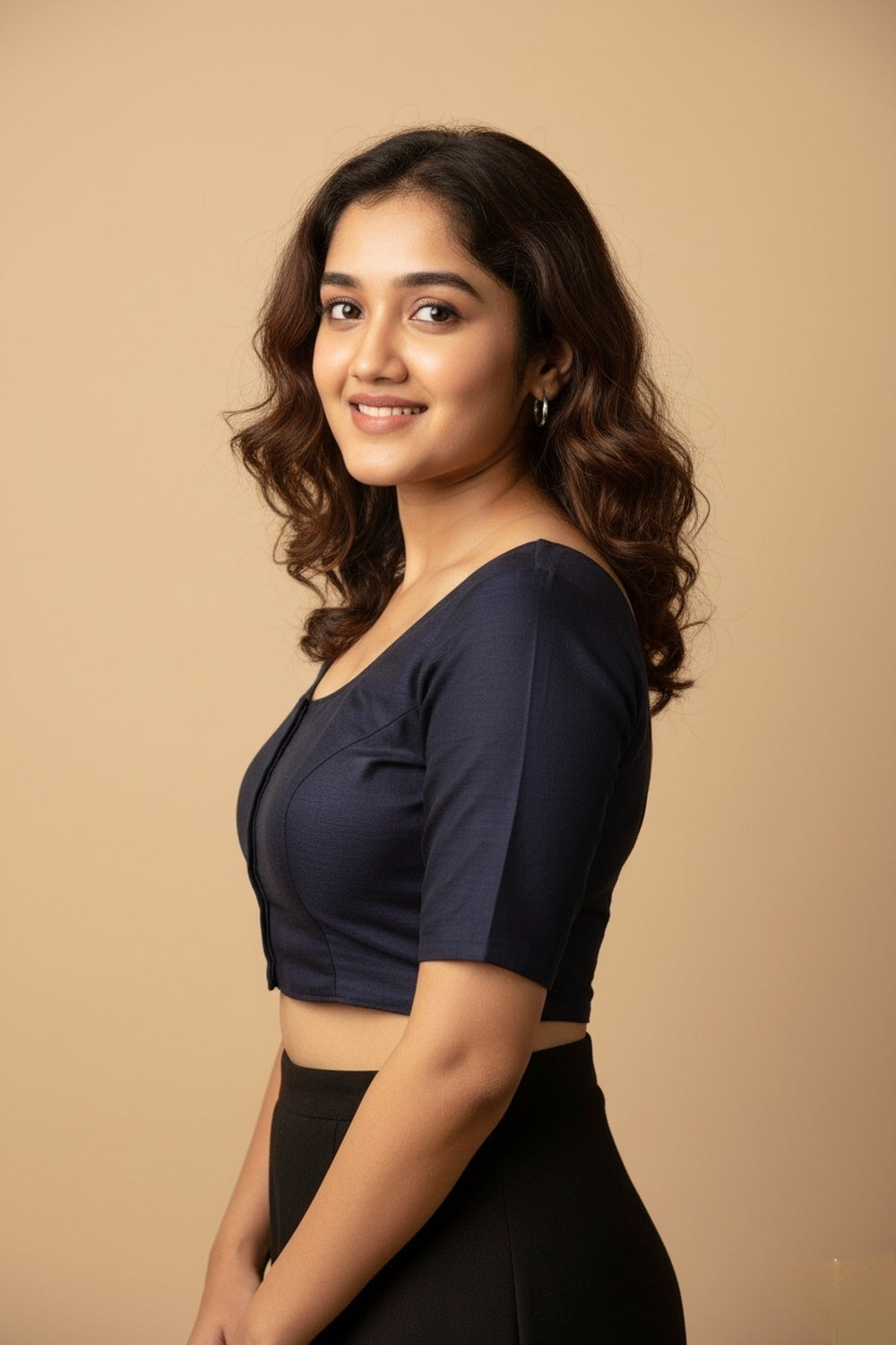 Women's Blouse Silk Blend Padded Front Open Round Neck Princess Cut Elbow Sleeve Solid Saree Blouse with Round Back - Navy Blue - 4050