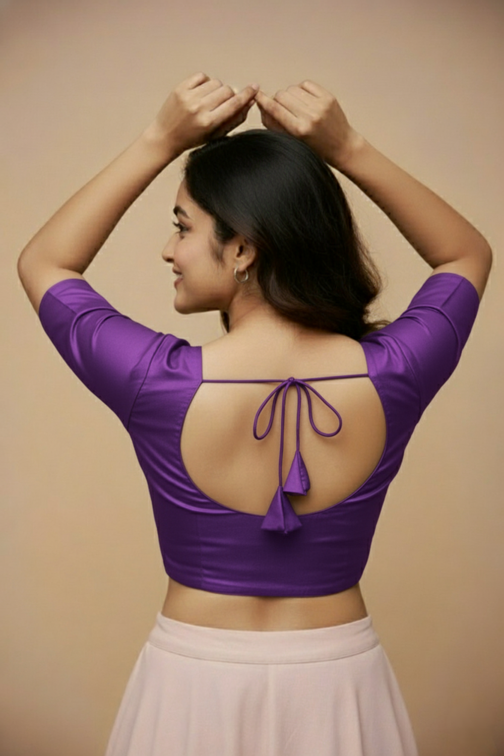 Women's Blouse Silk Blend Padded Front Open Round Neck Princess Cut Elbow Sleeve Solid Saree Blouse with Round Back - Wine - 4050