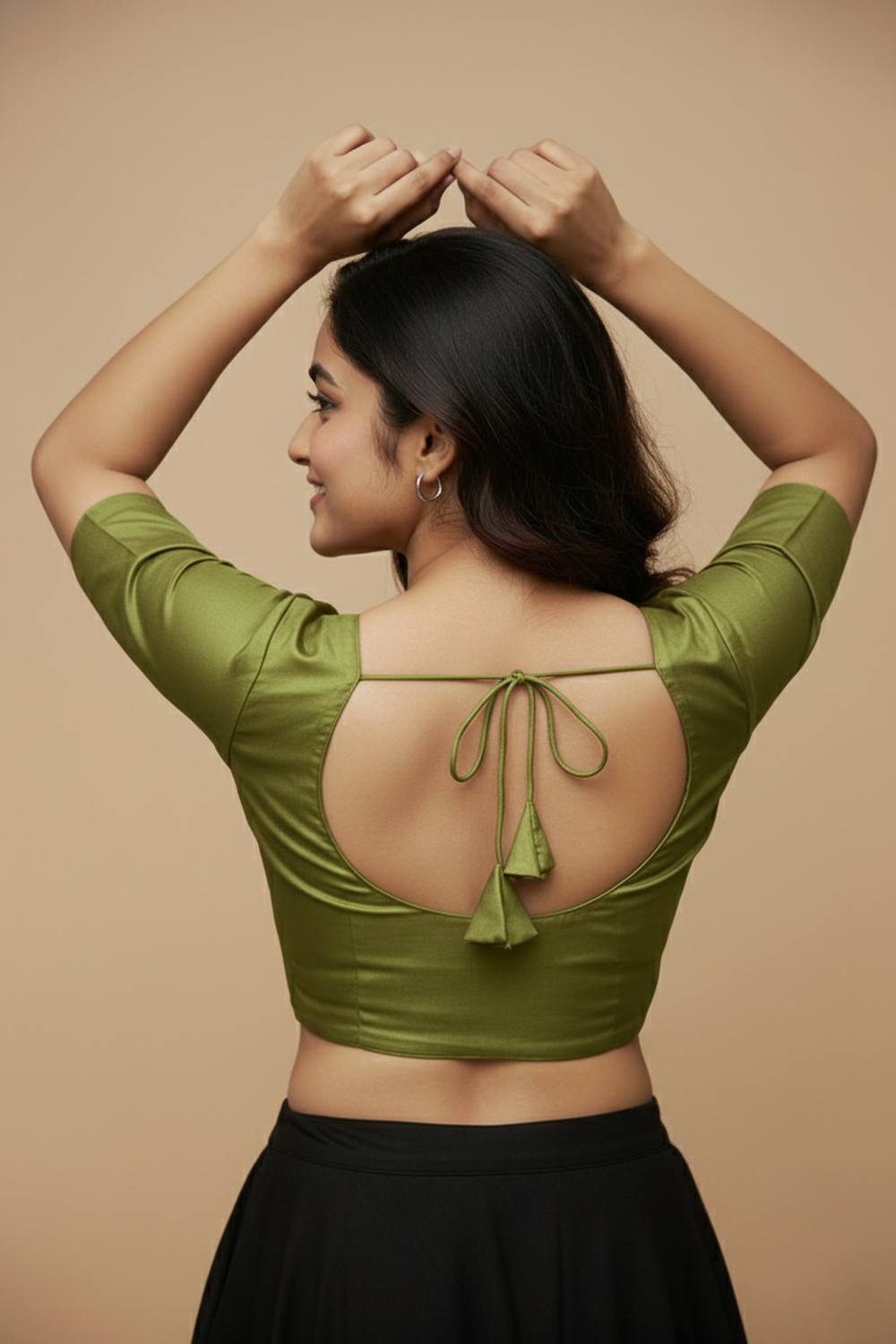 Women's Blouse Silk Blend Padded Front Open Round Neck Princess Cut Elbow Sleeve Solid Saree Blouse with Round Back - Mehandi - 4050