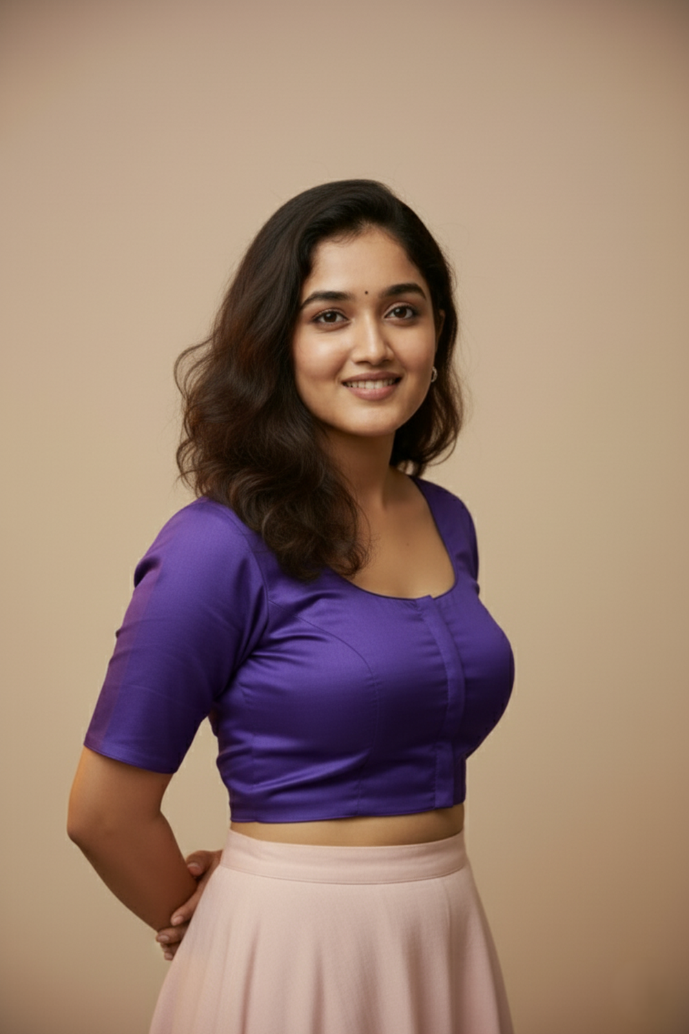 Women's Blouse Silk Blend Padded Front Open Round Neck Princess Cut Elbow Sleeve Solid Saree Blouse with Round Back - Wine - 4050