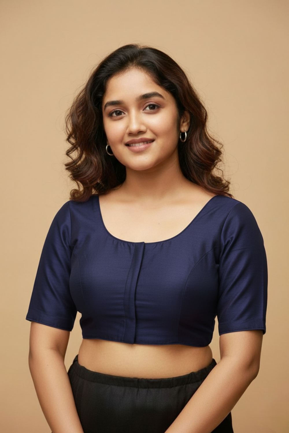 Women's Blouse Silk Blend Padded Front Open Round Neck Princess Cut Elbow Sleeve Solid Saree Blouse with Round Back - Navy Blue - 4050