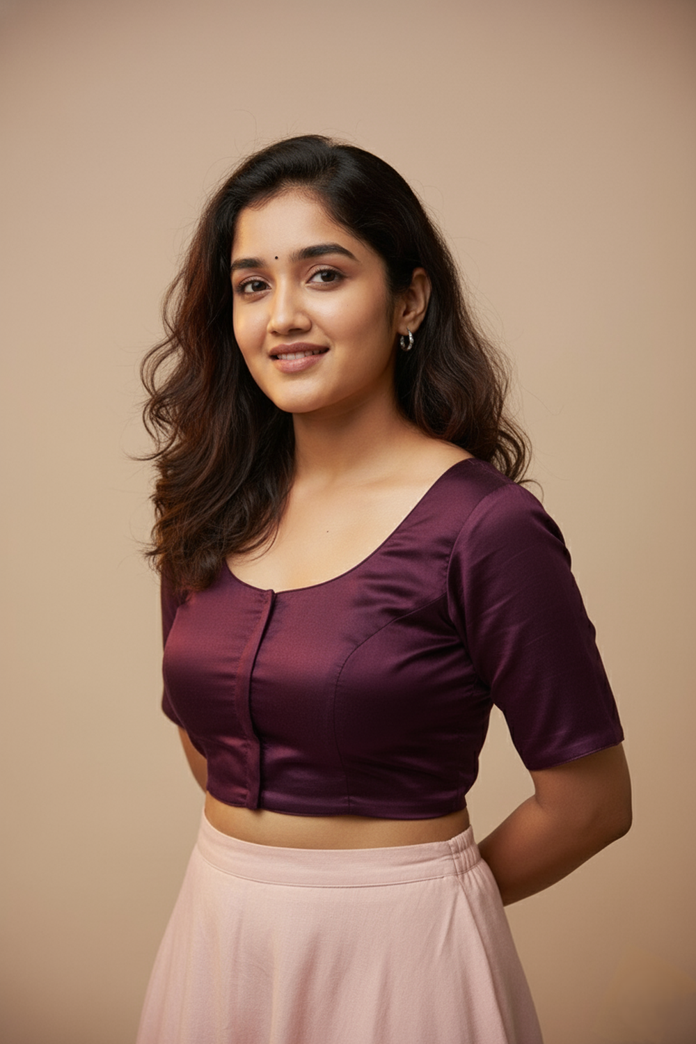 Women's Blouse Silk Blend Padded Front Open Round Neck Princess Cut Elbow Sleeve Solid Saree Blouse with Round Back - Purple - 4050