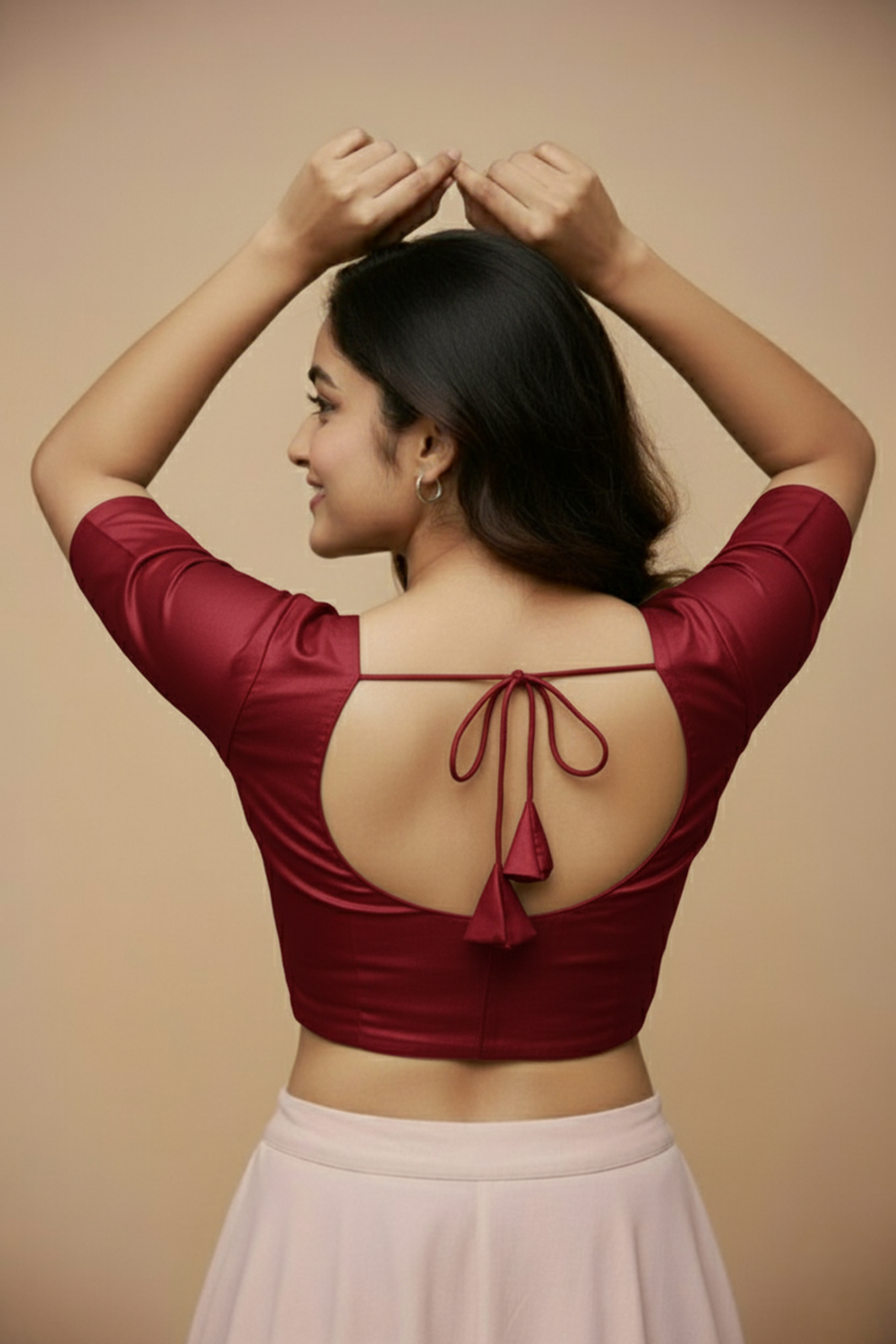 Women's Blouse Silk Blend Padded Front Open Round Neck Princess Cut Elbow Sleeve Solid Saree Blouse with Round Back - Maroon - 4050