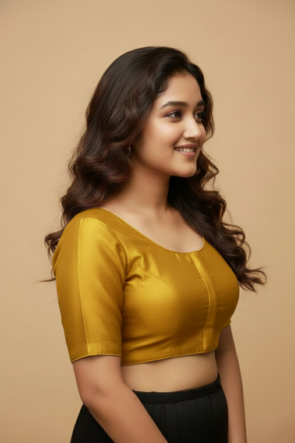 Women's Blouse Silk Blend Padded Front Open Round Neck Princess Cut Elbow Sleeve Solid Saree Blouse with Round Back - Mustard - 4050