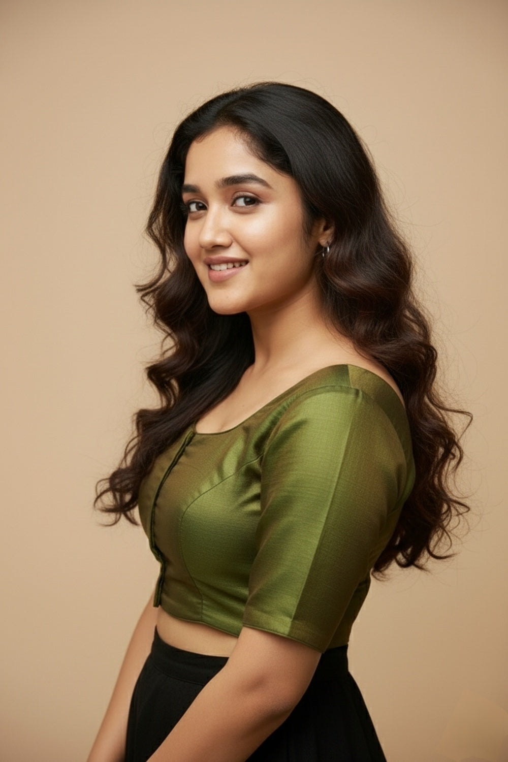 Women's Blouse Silk Blend Padded Front Open Round Neck Princess Cut Elbow Sleeve Solid Saree Blouse with Round Back - Mehandi - 4050