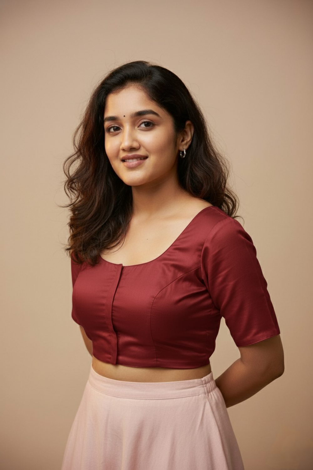 Women's Blouse Silk Blend Padded Front Open Round Neck Princess Cut Elbow Sleeve Solid Saree Blouse with Round Back - Maroon - 4050