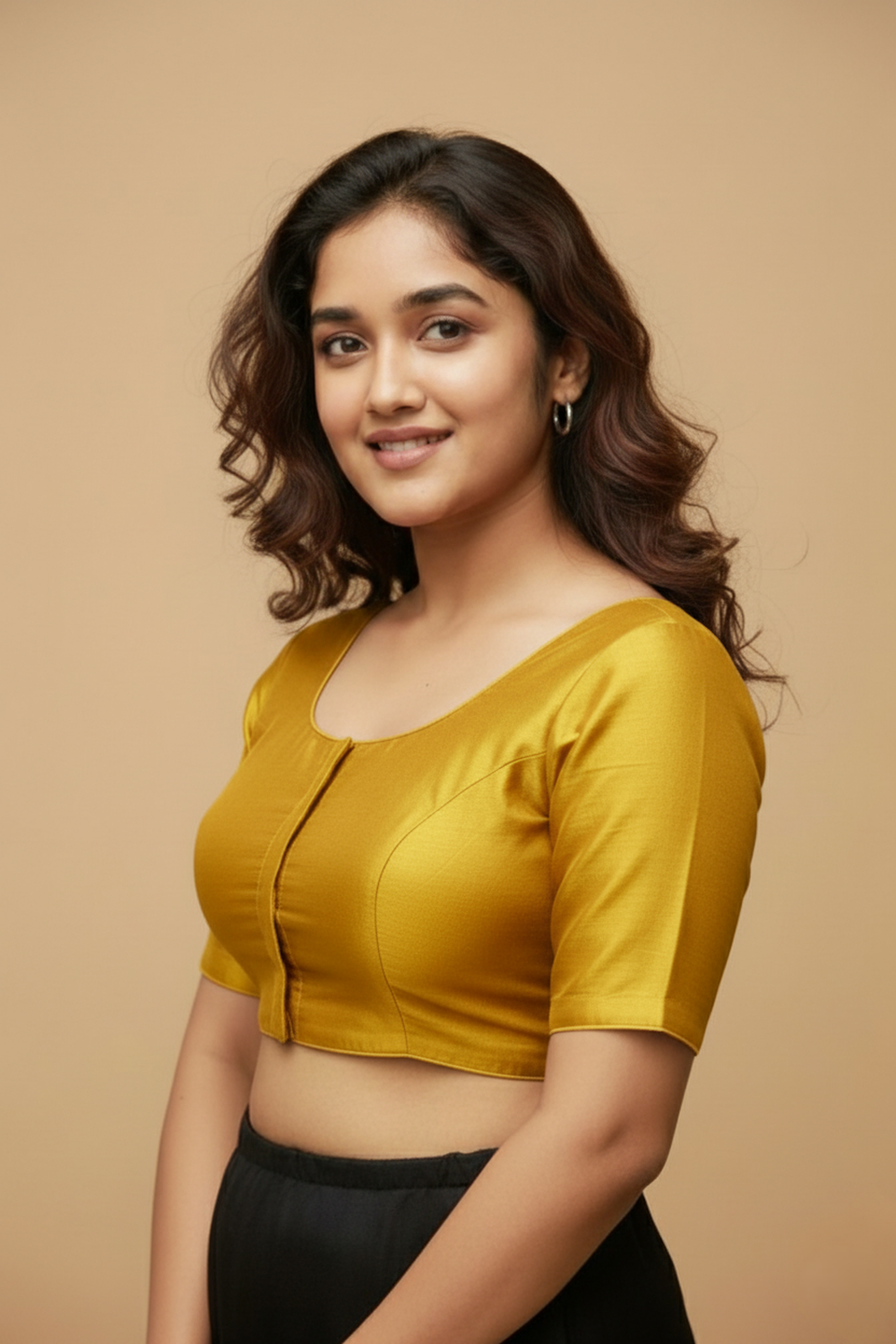 Women's Blouse Silk Blend Padded Front Open Round Neck Princess Cut Elbow Sleeve Solid Saree Blouse with Round Back - Mustard - 4050