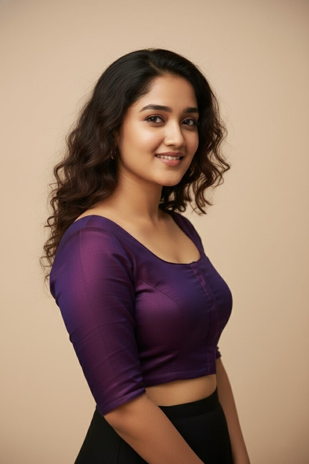 Women's Blouse Silk Blend Padded Front Open Round Neck Princess Cut Elbow Sleeve Solid Saree Blouse with Round Back - Dark Magenta - 4050