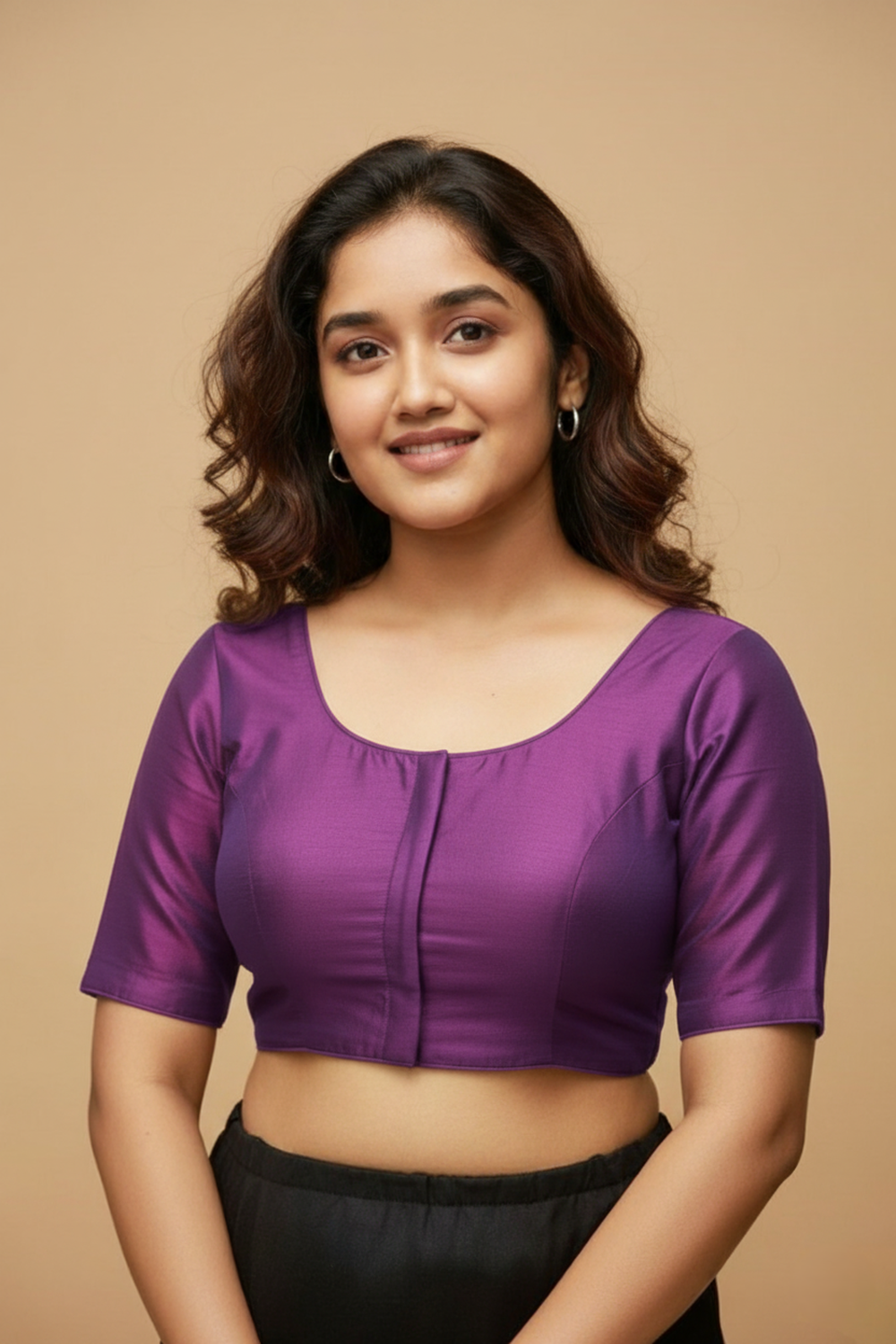 Women's Blouse Silk Blend Padded Front Open Round Neck Princess Cut Elbow Sleeve Solid Saree Blouse with Round Back - Dark Magenta - 4050