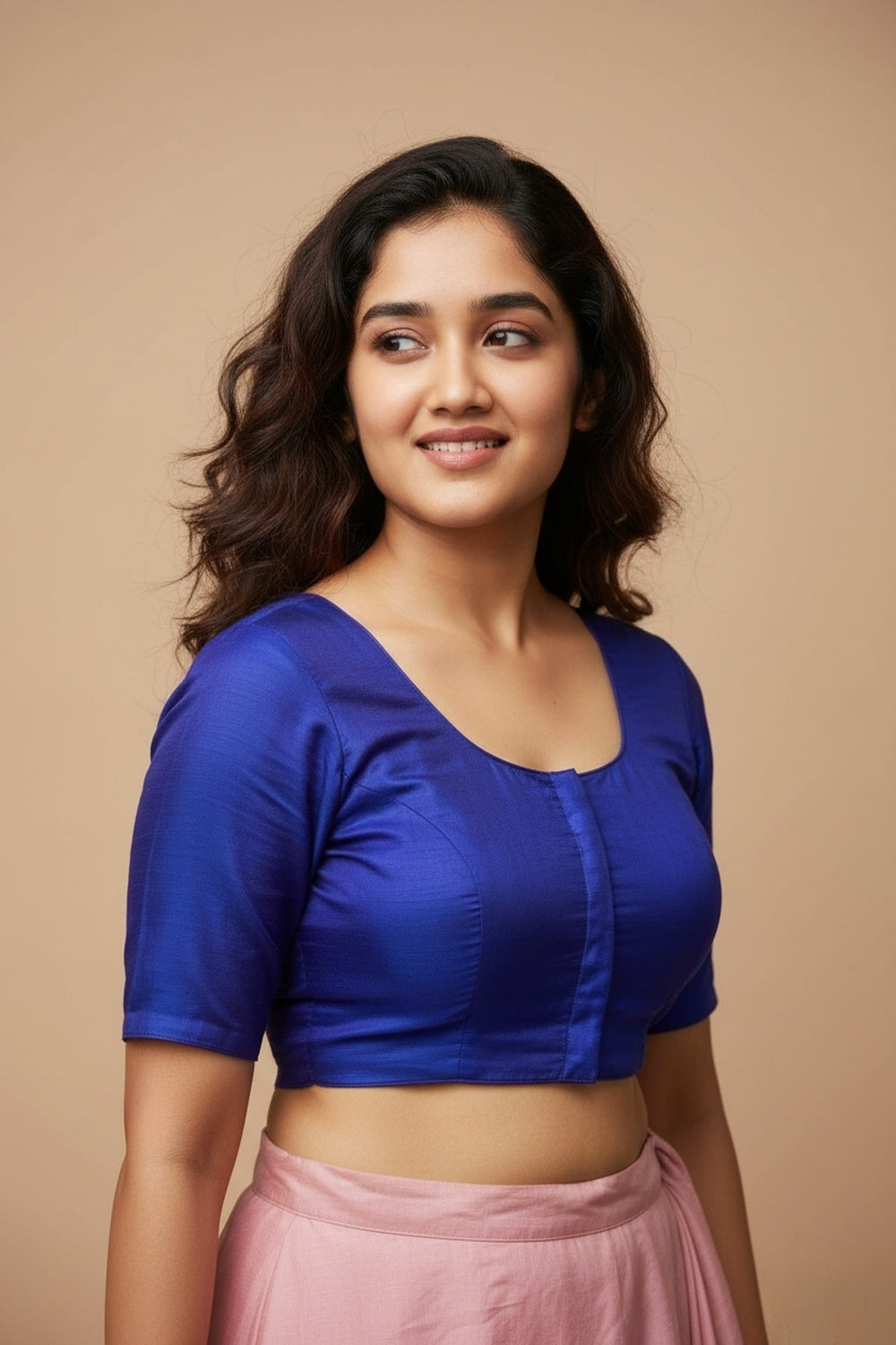 Women's Blouse Silk Blend Padded Front Open Round Neck Princess Cut Elbow Sleeve Solid Saree Blouse with Round Back - Royal Blue - 4050