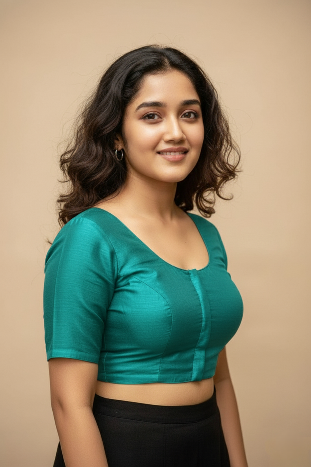 Women's Blouse Silk Blend Padded Front Open Round Neck Princess Cut Elbow Sleeve Solid Saree Blouse with Round Back - Rama Green - 4050