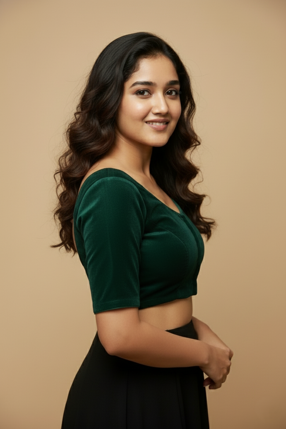 Women's Blouse Velvet Padded Front Open Round Neck Princess Cut Elbow Sleeve Saree Blouse with Round Back - Bottle Green - N972