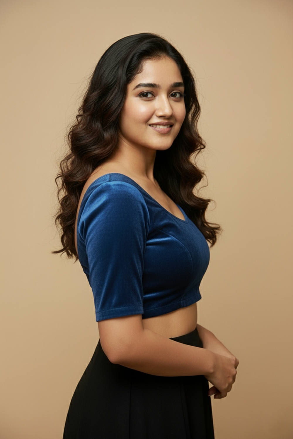 Women's Blouse Velvet Padded Front Open Round Neck Princess Cut Elbow Sleeve Saree Blouse with Round Back - Rama Blue - N972