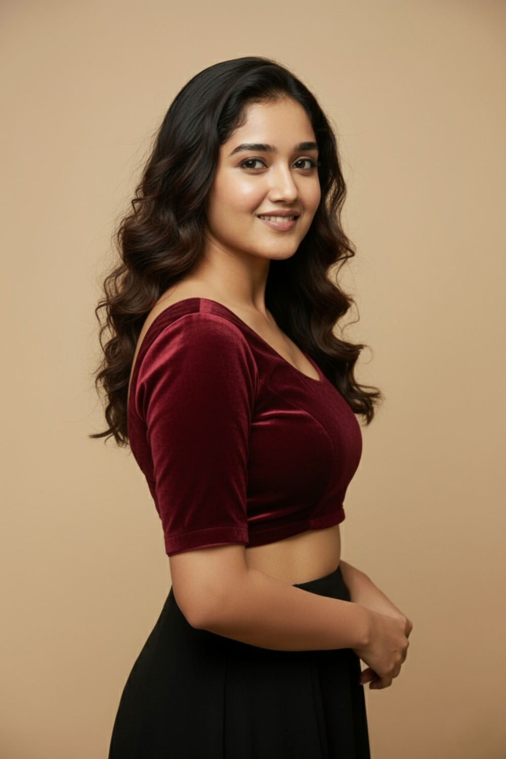 Women's Blouse Velvet Padded Front Open Round Neck Princess Cut Elbow Sleeve Saree Blouse with Round Back - Maroon - N972