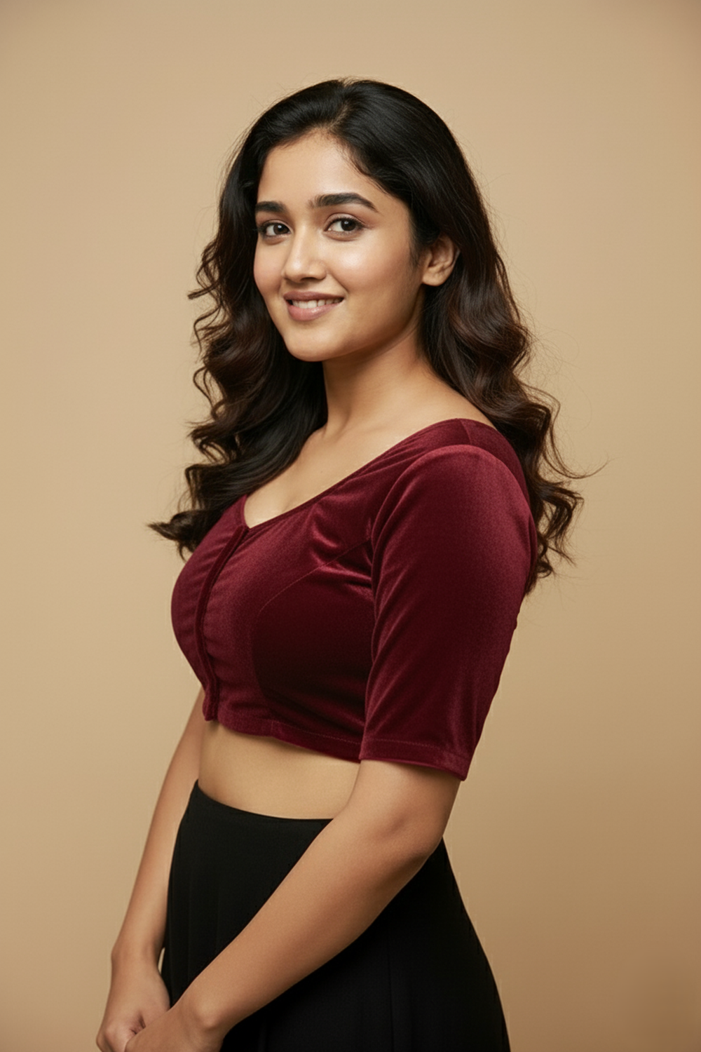 Women's Blouse Velvet Padded Front Open Round Neck Princess Cut Elbow Sleeve Saree Blouse with Round Back - Maroon - N972