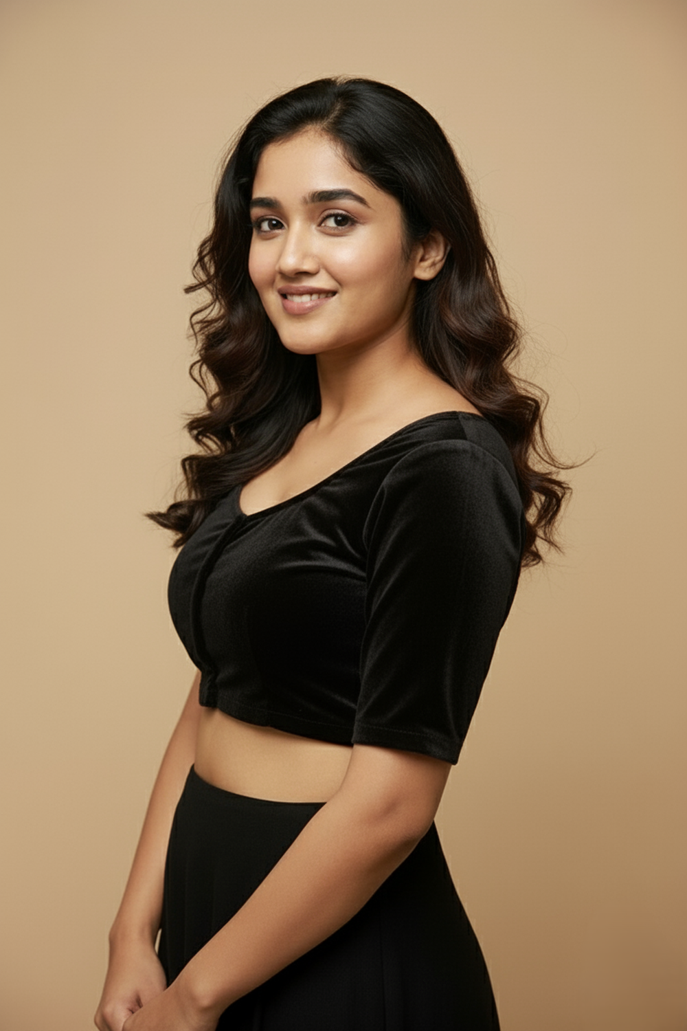 Women's Blouse Velvet Padded Front Open Round Neck Princess Cut Elbow Sleeve Saree Blouse with Round Back - Black - N972