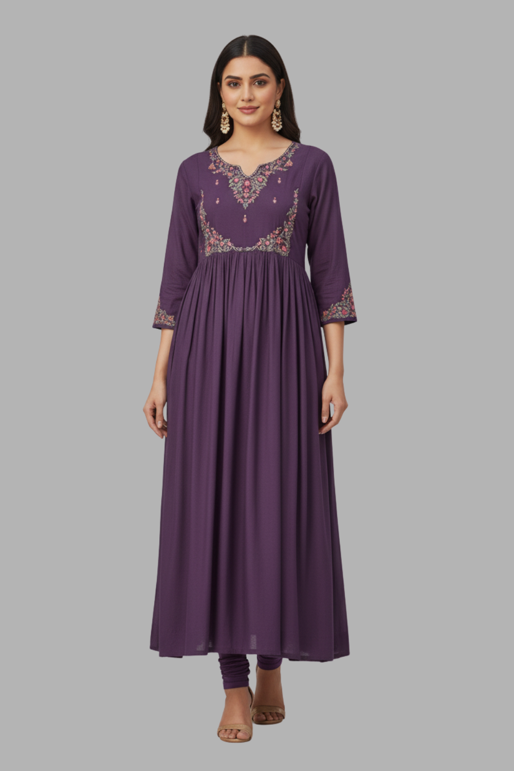 Women’s Cotton Blend Regular Fit Kurthi for Daily and Ethnic Wear with 3/4th Sleeves - Purple - 307