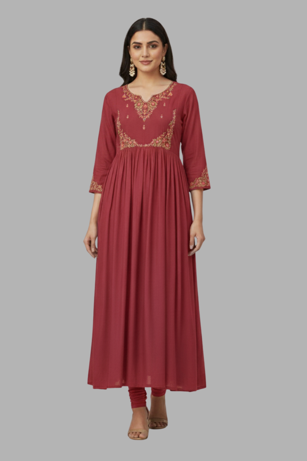 Women’s Cotton Blend Regular Fit Kurthi for Daily and Ethnic Wear with 3/4th Sleeves - Red - 307