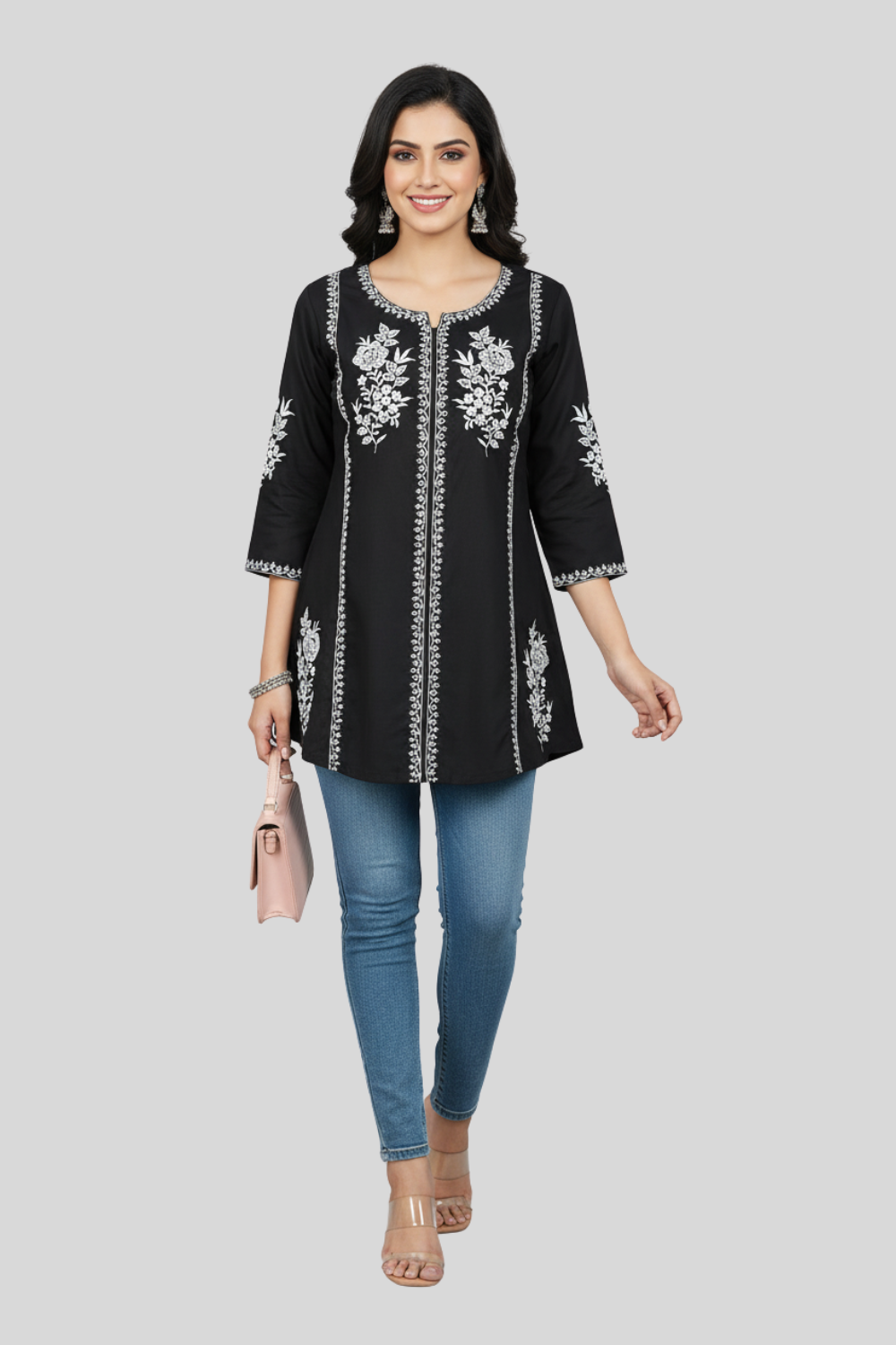 Women’s Embroidered Rayon Kurtha with Round Neck & 3/4th Sleeves | Below-Knee Regular Fit Daily Wear Kurta for Women - 1003