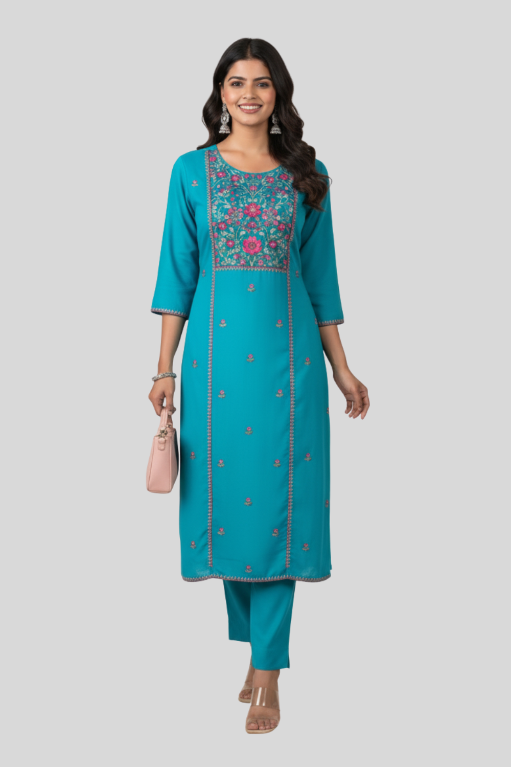 Women’s Embroidered Rayon Kurtha with Round Neck & 3/4th Sleeves | Below-Knee Regular Fit Daily Wear Kurta for Women - 1020