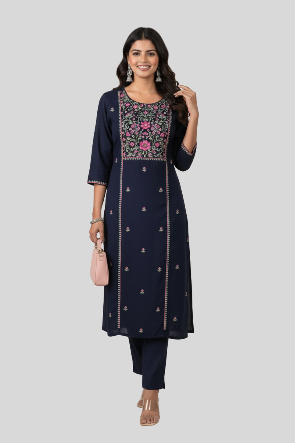 Women’s Embroidered Rayon Kurtha with Round Neck & 3/4th Sleeves | Below-Knee Regular Fit Daily Wear Kurta for Women - 1020