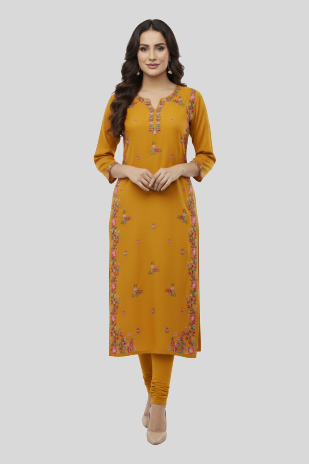 Women’s Embroidered Rayon Kurtha with Round Neck & 3/4th Sleeves | Below-Knee Regular Fit Daily Wear Kurta for Women - 1165