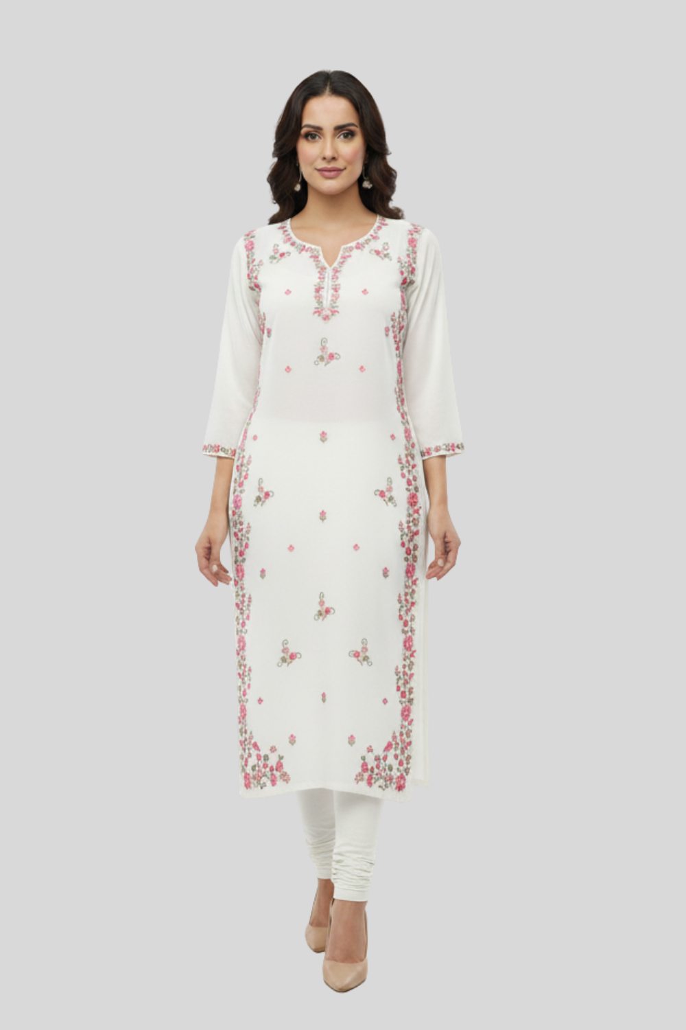 Women’s Embroidered Rayon Kurtha with Round Neck & 3/4th Sleeves | Below-Knee Regular Fit Daily Wear Kurta for Women - 1165