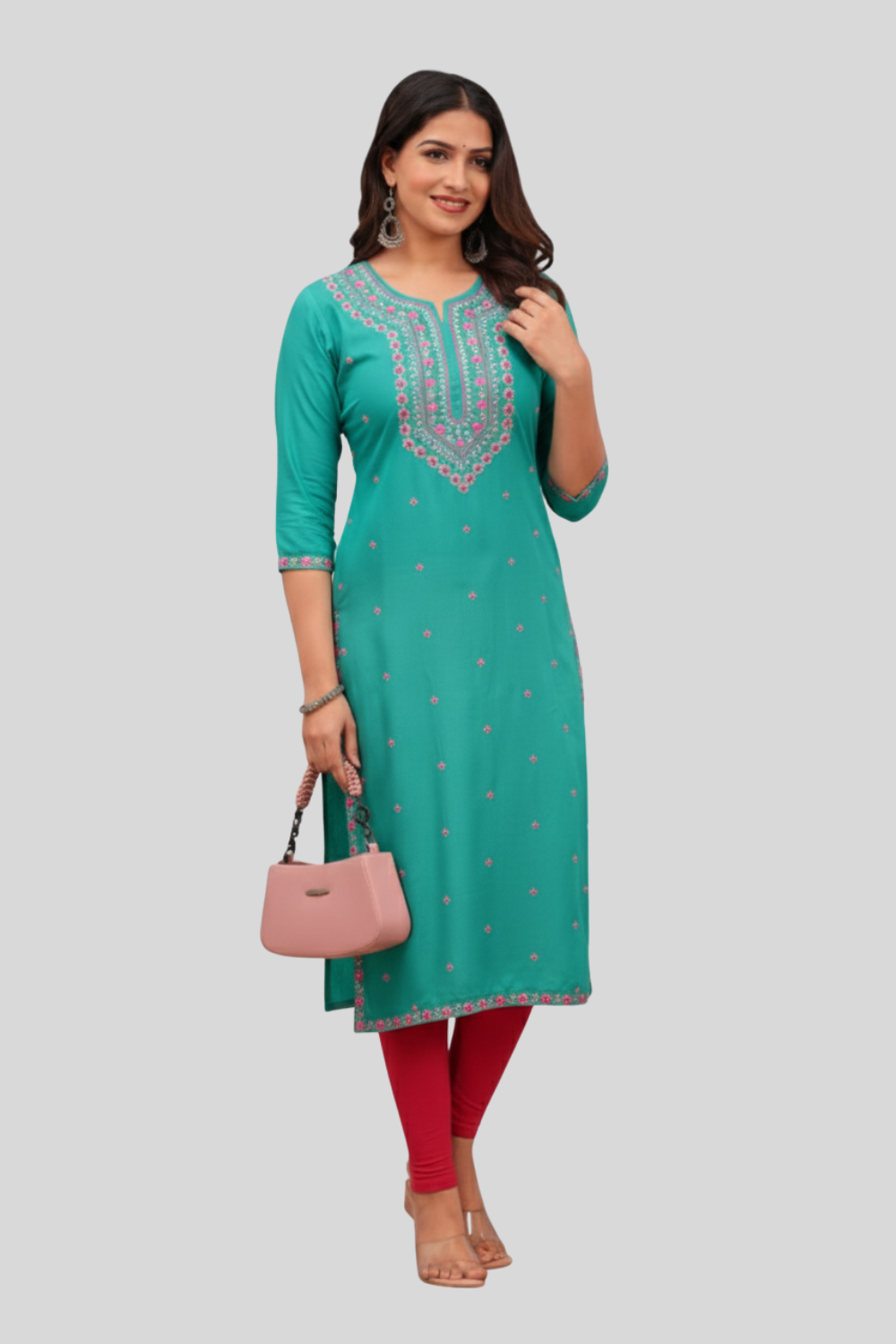 Women’s Embroidered Rayon Kurti with Round Neck & 3/4th Sleeves | Below-Knee Regular Fit Daily Wear Kurta - 0973