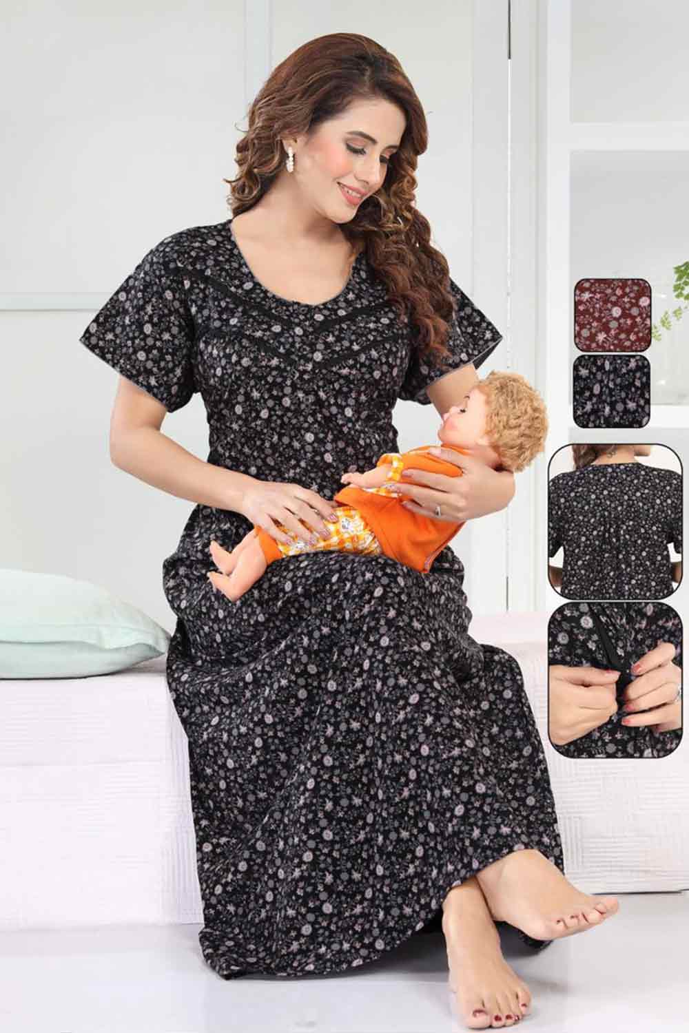 Women’s Feeding Nighty | Front Open Maternity Nightdress, Relax Fit - 2823