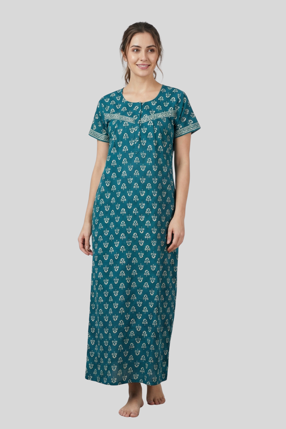 Short Sleeve Cotton Blend Full-Length Abstract Printed Nighty for Women (Style 531B) | VNH Naidu Hall L / Brown Short Sleeve Cotton Blend Full-Length Abstract Printed Nighty for Women (Style 531B) | VNH Naidu Hall L / Brown
