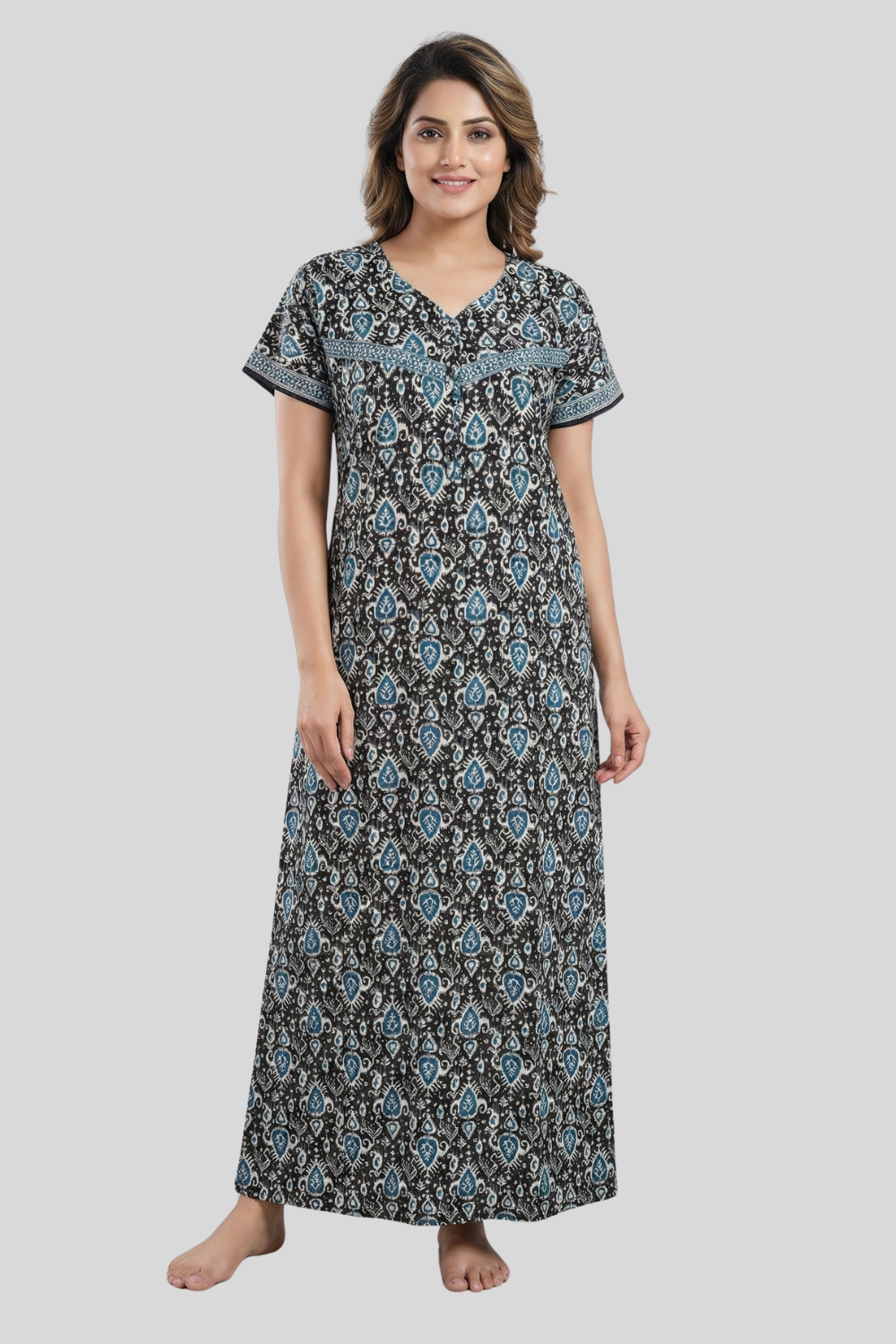 Short Sleeve Cotton Blend Full-Length Paisley Printed Nighty for Women  (Style 531C)