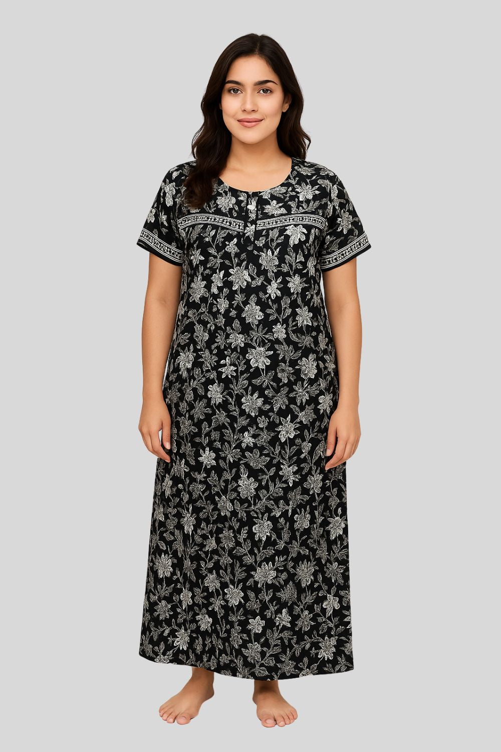 Short Sleeve Cotton Blend Full-Length Geometric Printed Nighty for Women  (Style 531D)
