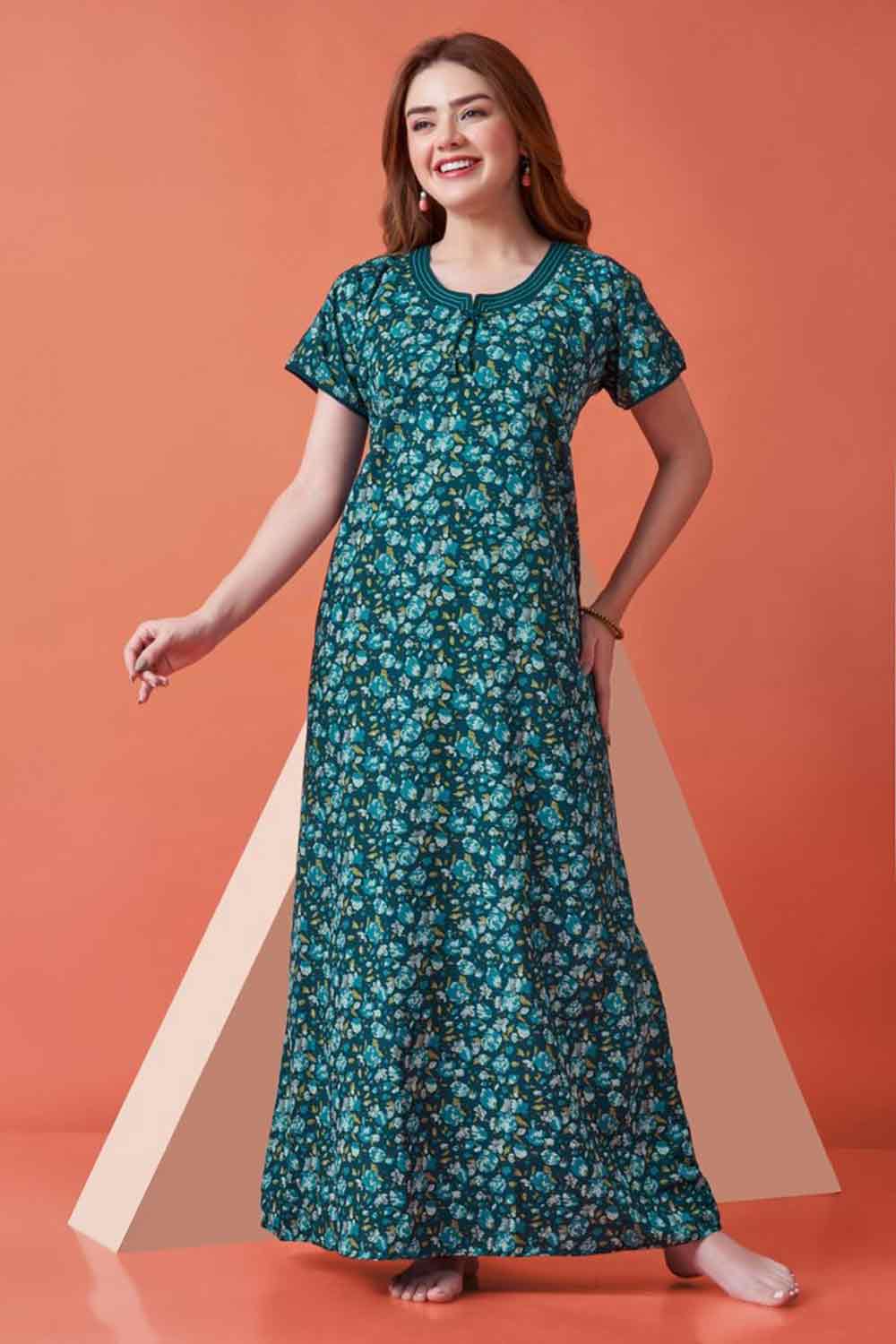 Women’s Printed Poly Viscose Nighty | Relax Fit Full Length Nightdress - 2135