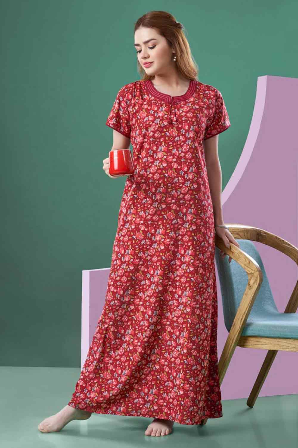 Women’s Printed Poly Viscose Nighty | Relax Fit Full Length Nightdress - 2135