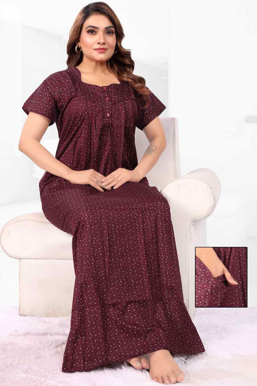 Women’s Printed Poly Viscose Nighty | Relax Fit Full Length Nightdress - 3374