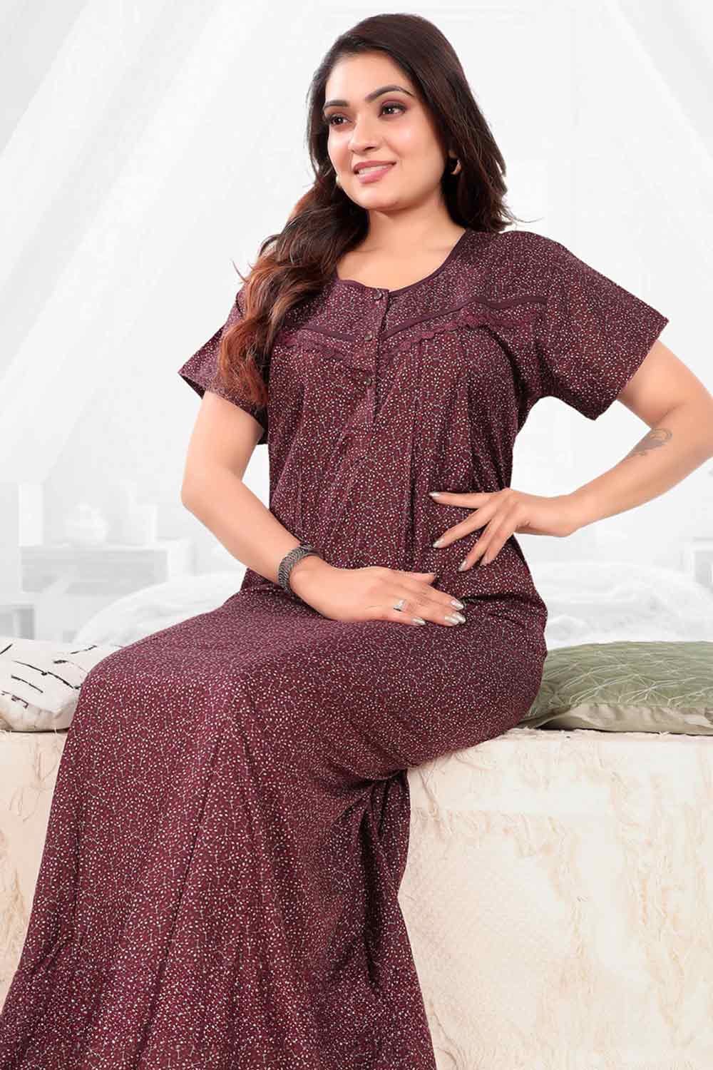 Women’s Printed Poly Viscose Nighty | Relax Fit Full Length Nightdress - 3375