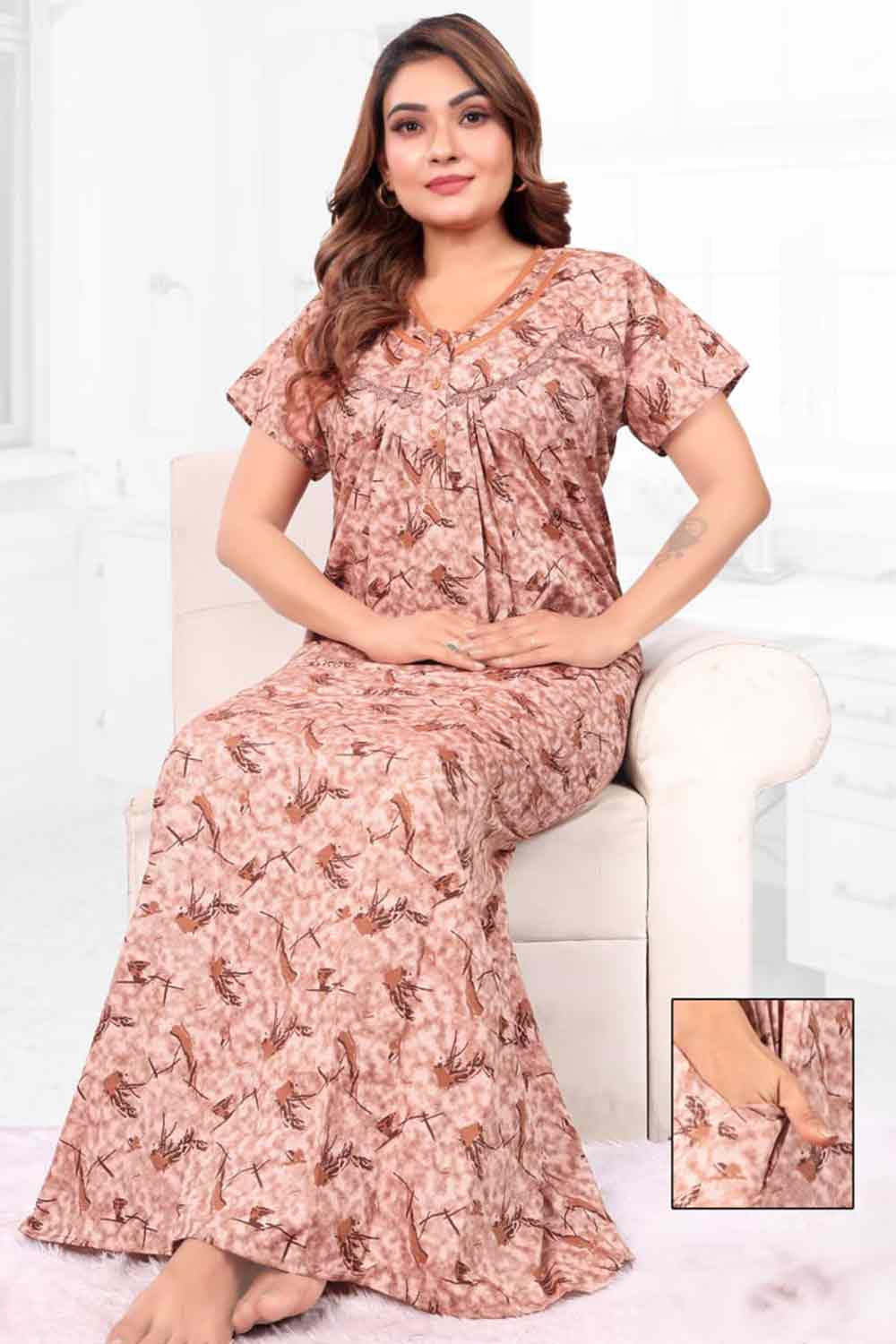 Women’s Printed Poly Viscose Nighty | Relax Fit Full Length Nightdress - 3400