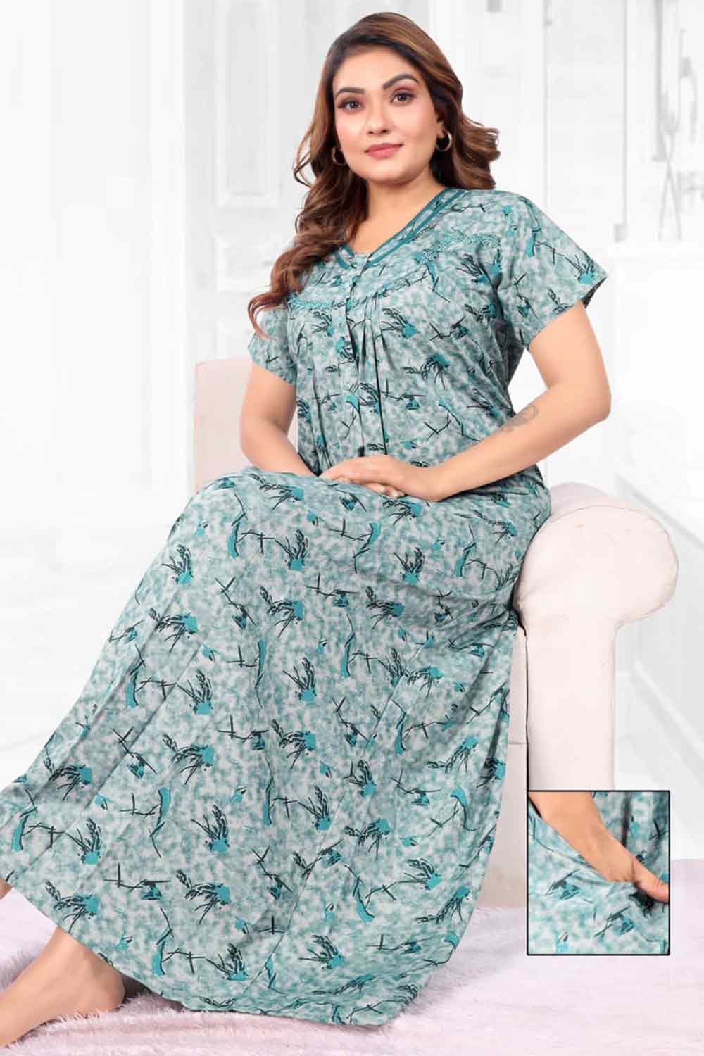 Women’s Printed Poly Viscose Nighty | Relax Fit Full Length Nightdress - 3400