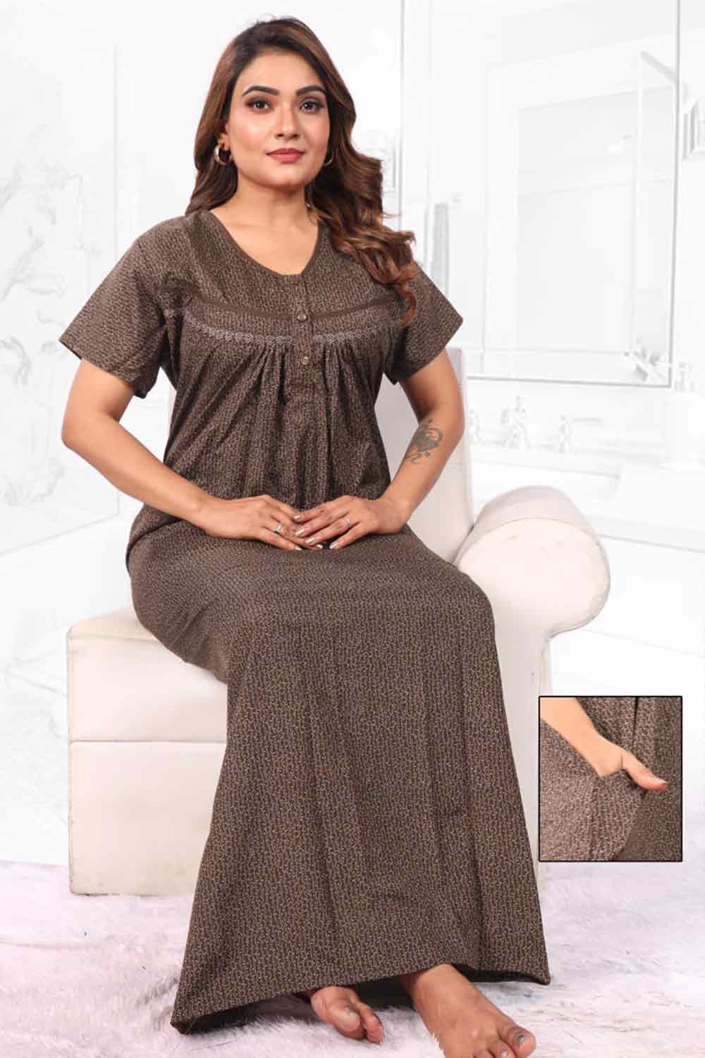 Women’s Printed Poly Viscose Nighty | Relax Fit Full Length Nightdress - 3401