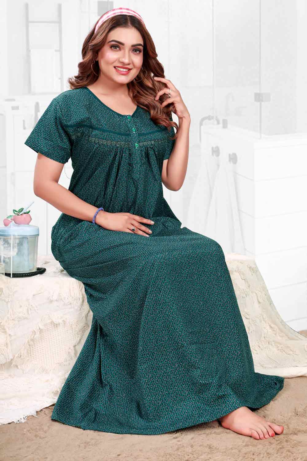 Women’s Printed Poly Viscose Nighty | Relax Fit Full Length Nightdress - 3401