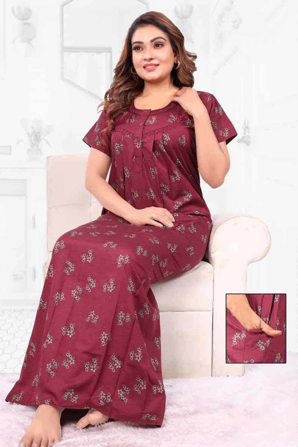Women’s Printed Poly Viscose Nighty | Relax Fit Full Length Nightdress - 3404