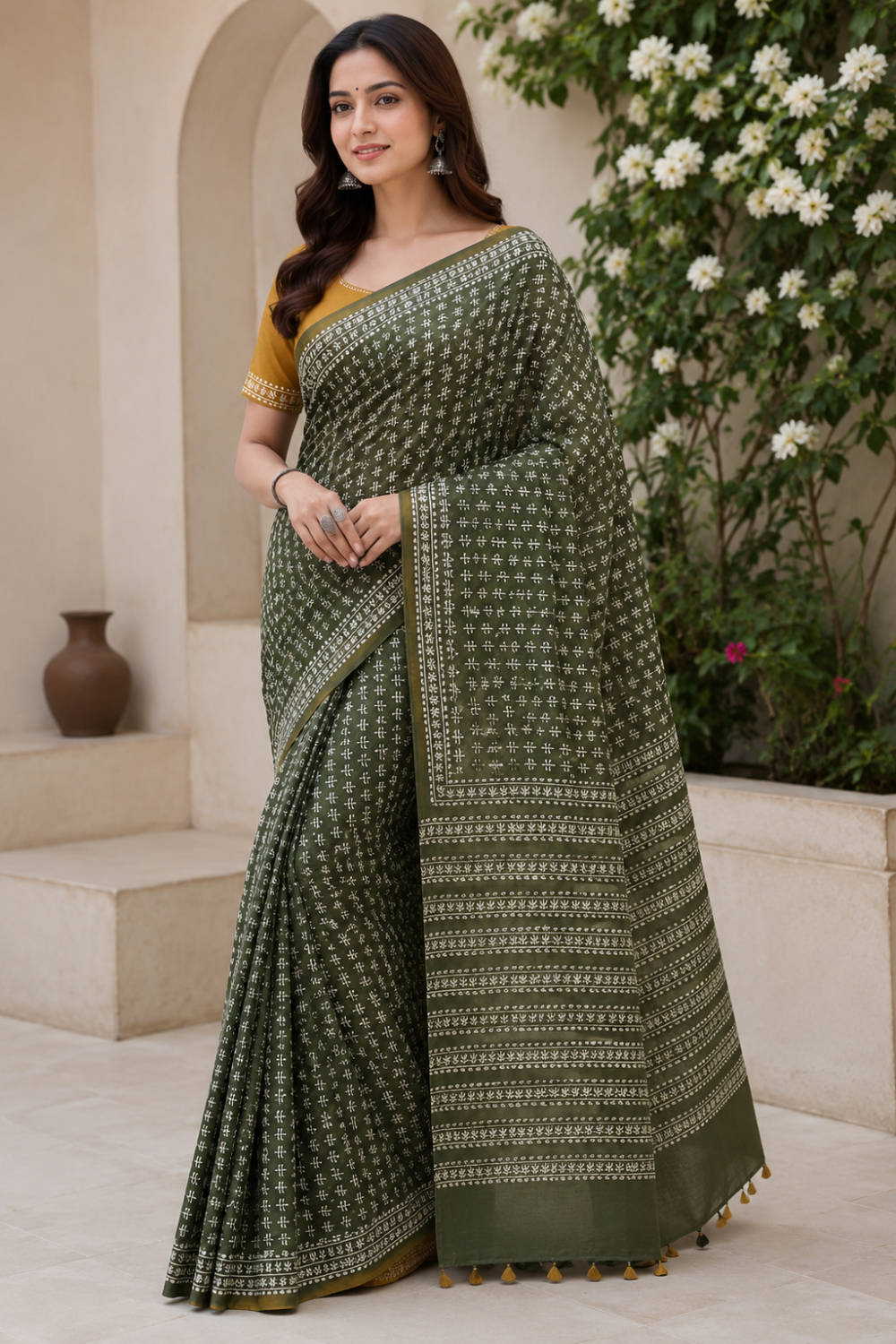 Women's Pure Cotton Jaipur Print Saree with Blouse | Soft Cotton Printed Saree for Women | Traditional, Casual & Festive Ethnic Wear - Green - 1876