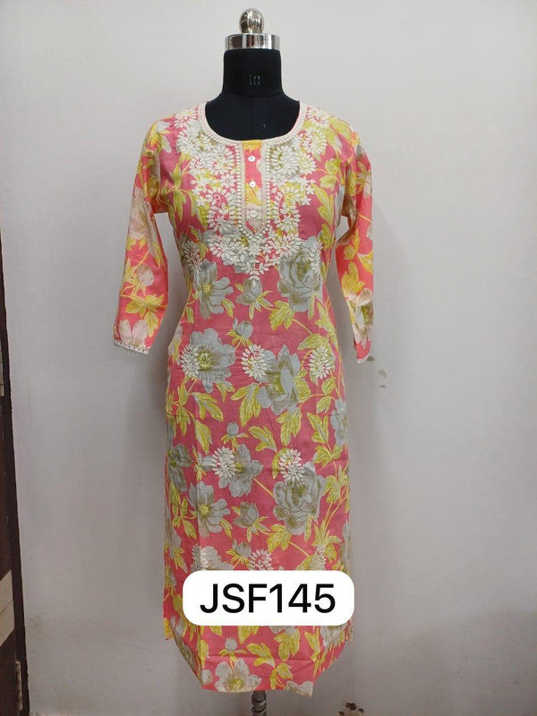 Women’s Women’s Cotton Blend Printed Kurthi with Round Neck & 3/4 Sleeves – Below Knee Length - Yellow - F145